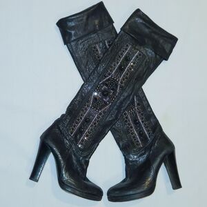 Thomas Wylde Black Genuine Leather Embellished Heeled Boots Size 7 Narrow Calf